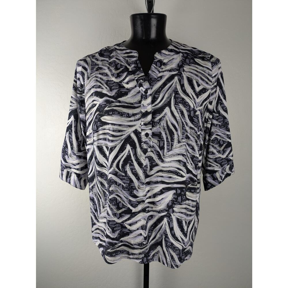 Ulla Popken v-neck peasant top 3/4 sleeve 100% viscose black gray white
